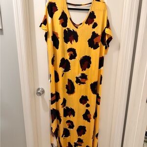 LuLaRoe “Macy” Vibrant Yellow Maxi Dress with Black and Brown Spots